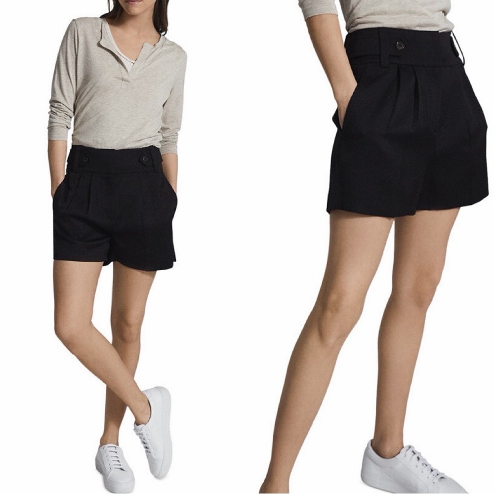 REISS Stanton High Rise Black Pleated Tailored Mini Shorts Sz 6